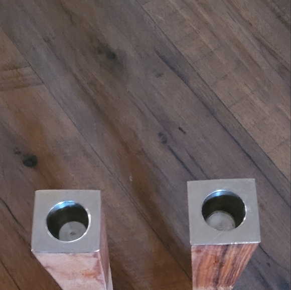 Mid Century Modern Teak with Pewter Candlesticks Set of 2 - Picture 3 of 4